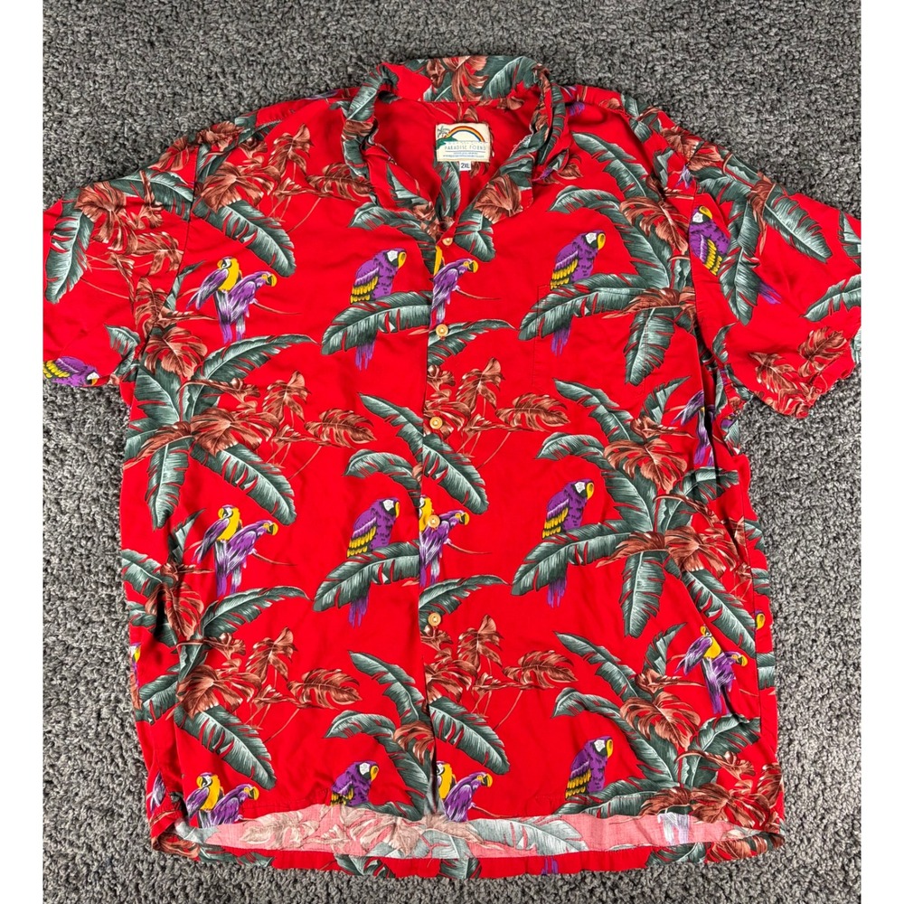Paradise Found Mens 2XL Red Parrot Palm Hawaiian Shirt Rayon Made in Hawaii